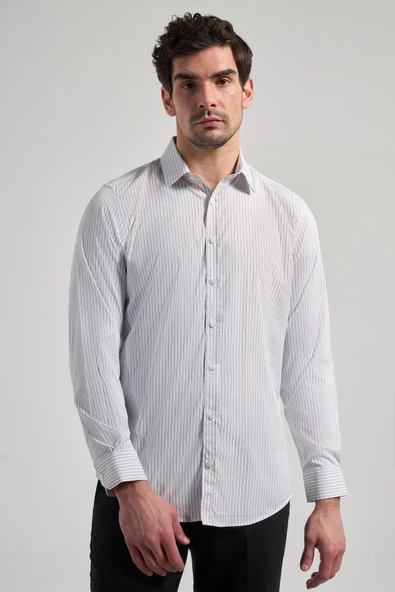 Beyaz Uzun Kol Desen Yarım İtalyan Yaka Cepsiz esnek Classic Slim Fit Gömlek 1004245220 ürün görseli 1