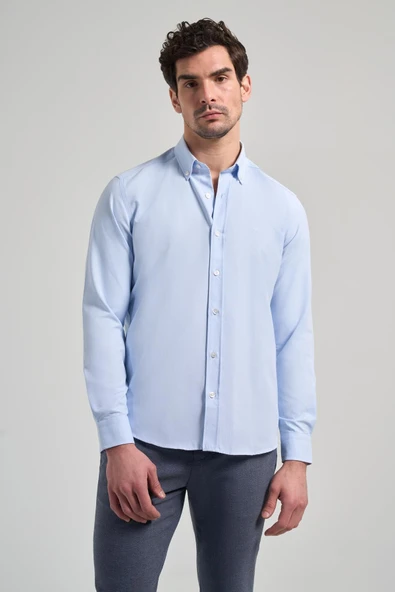Mavi Kol Düz Oxford Düğmeli Yaka Cepsiz Pamuklu Classic Slim Fit Gömlek 1004250168 ürün görseli 1