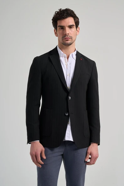 Siyah Çizgili Desen Gofreli Mono Yaka Malzemesiz Esnek 6 Drop Slim Fit Ceket 1002250122 ürün görseli 1