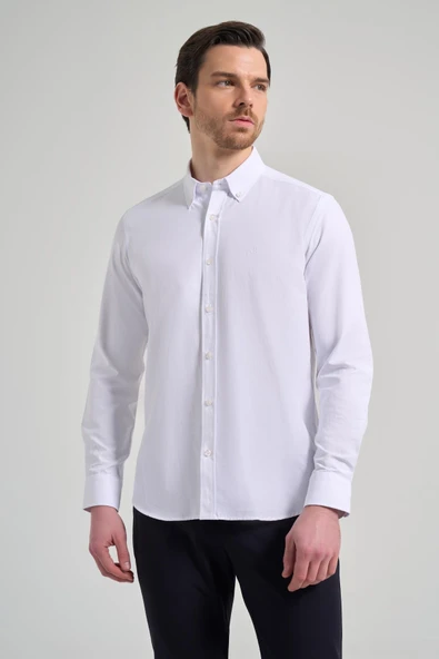 Beyaz Kol Düz Oxford Düğmeli Yaka Cepsiz Pamuklu Classic Slim Fit Gömlek 1004250168 ürün görseli 1
