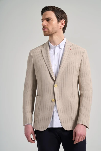 Bej Çizgili Desen Gofreli Mono Yaka Malzemesiz Esnek 6 Drop Slim Fit Ceket 1002250122 ürün görseli 1