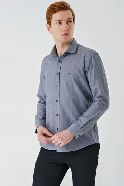 Gri Uzun Kollu Oxford Cepsiz Pamuklu Klasik Slim Fit Dar Kesim Gömlek 1004240235 ürün görseli 1