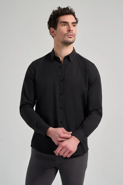 Siyah Kol Düz Oxford Düğmeli Yaka Cepsiz Pamuklu Classic Slim Fit Gömlek 1004250168 ürün görseli 1