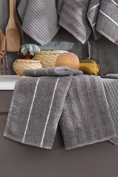 Upstyle 6'lı Nakışlı Kurulama Peçetesi Seti  30x50 cm Antrasit  %100 Pamuk Yumuşak ve Emici ürün görseli 1