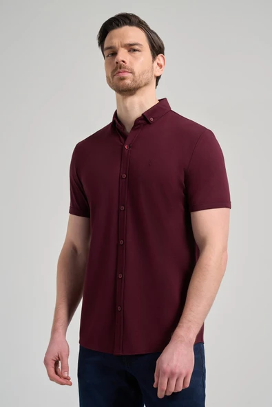 Bordo Kısa Kol Düz Örme İtalyan Yaka Cepsiz Pamuklu Classic Slim Fit Gömlek 1004250156 ürün görseli 1