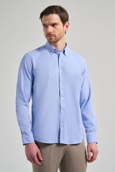 Mavi Kol Düz Oxford Düğmeli Yaka Cepsiz Pamuklu Classic Slim Fit Gömlek 1004250168 ürün görseli 1
