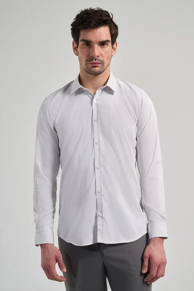 Beyaz Uzun Kol Desen Yarım İtalyan Yaka Cepsiz esnek Classic Slim Fit Gömlek 1004245218 ürün görseli 1
