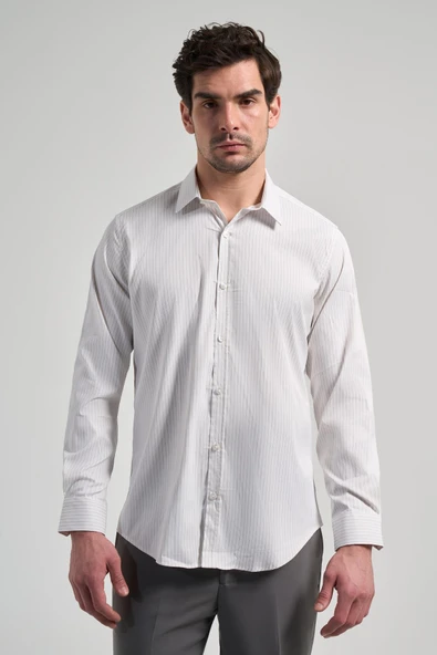 Beyaz Uzun Kol Desen Yarım İtalyan Yaka Cepsiz esnek Classic Slim Fit Gömlek 1004245220 ürün görseli 1