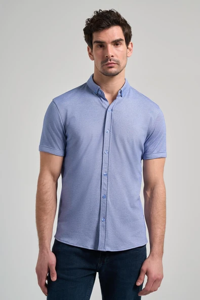 Saks Kısa Kol Düz Örme Düğmeli Yaka Pamuklu Slim Fit Gömlek 1004250152 ürün görseli 1