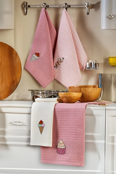 Upstyle 6'lı Nakışlı Kurulama Peçetesi Seti  40x60 Cm Pembe Krem %100 Pamuk Yumuşak ve Emici ürün görseli 1