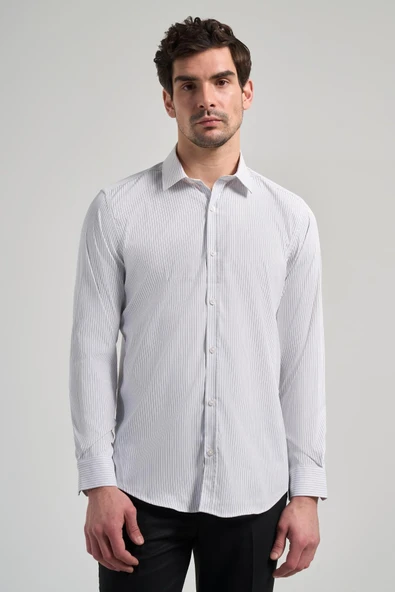 Beyaz Uzun Kol Desen Yarım İtalyan Yaka Cepsiz esnek Classic Slim Fit Gömlek 1004245217 ürün görseli 1