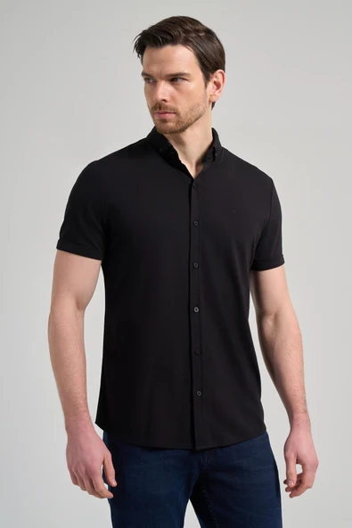 Siyah Kısa Kol Düz Örme İtalyan Yaka Cepsiz Pamuklu Classic Slim Fit Gömlek 1004250156 ürün görseli 1