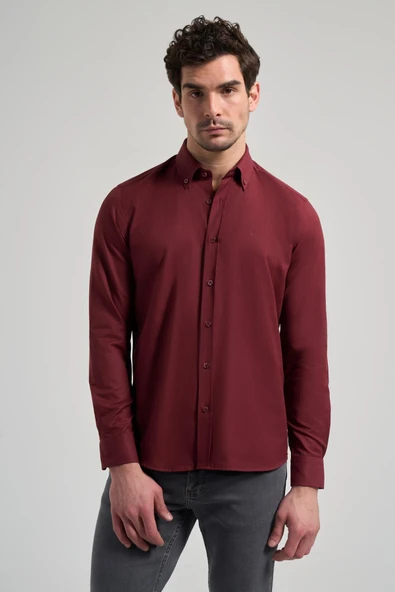 Bordo Kol Düz Oxford Düğmeli Yaka Cepsiz Pamuklu Classic Slim Fit Gömlek 1004250168 ürün görseli 1