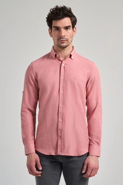 Pembe Kısalabilir Kol Düz Gabardin Düğmeli Yaka Cepsiz Casual Slim Fit Gömlek 1004250124 ürün görseli 1