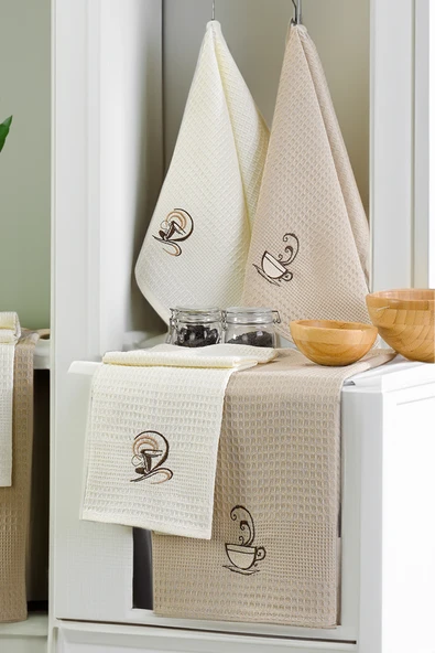 Upstyle 6'lı Nakışlı Kurulama Peçetesi Seti 40x60 cm Kahve  %100 Pamuk Yumuşak ve Emici ürün görseli 1