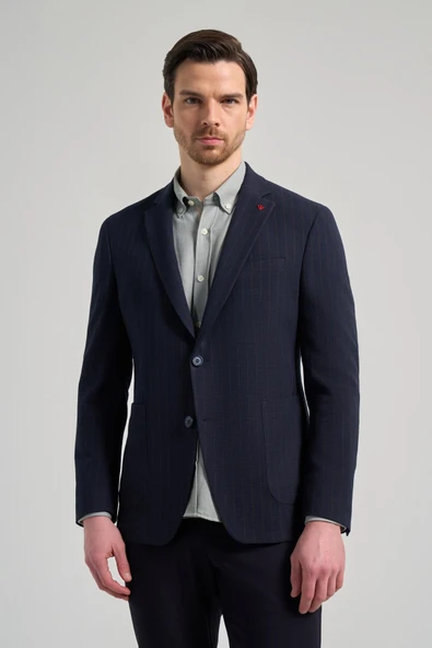 Lacivert Çizgili Desen Gofreli Mono Yaka Malzemesiz Esnek 6 Drop Slim Fit Ceket 1002250122 ürün görseli 1