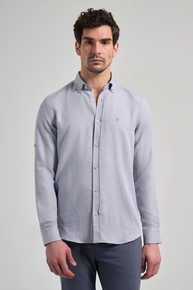 Gri Kısalabilir Kol Düz Gabardin Düğmeli Yaka Cepsiz Casual Slim Fit Gömlek 1004250124 ürün görseli 1