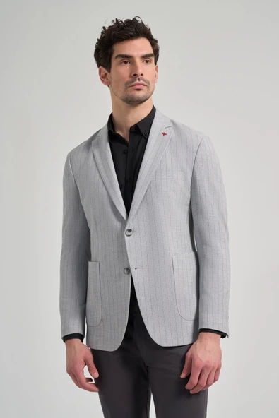 Gri Çizgili Desen Gofreli Mono Yaka Malzemesiz Esnek 6 Drop Slim Fit Ceket 1002250122 ürün görseli 1