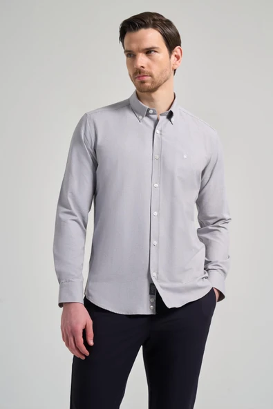 Gri Kol Düz Oxford Düğmeli Yaka Cepsiz Pamuklu Classic Slim Fit Gömlek 1004250168 ürün görseli 1