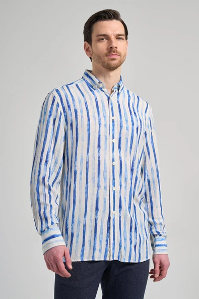 Mavi Kol Baskılı Bez Ayağı Düğmeli Yaka Cepsiz Keten Karışımlı Casual Comfort Fit Gömlek 1004250139 ürün görseli 1