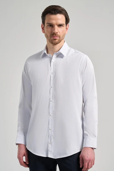 Beyaz Uzun Kol Desen Yarım İtalyan Yaka Cepsiz esnek Classic Slim Fit Gömlek 1004245220 ürün görseli 1