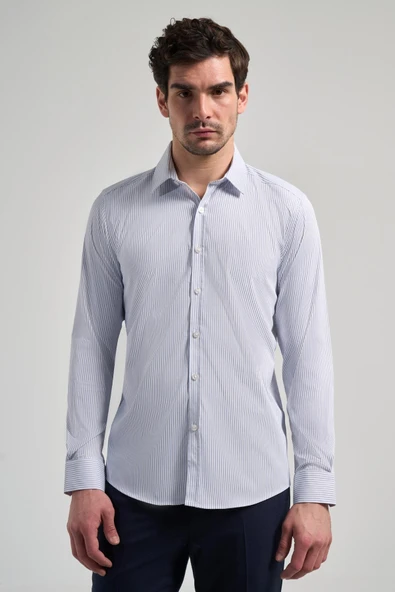 Mavi Çizgili Uzun Kol Desen Yarım İtalyan Yaka Cepsiz esnek Classic Slim Fit Gömlek 1004245218 ürün görseli 1