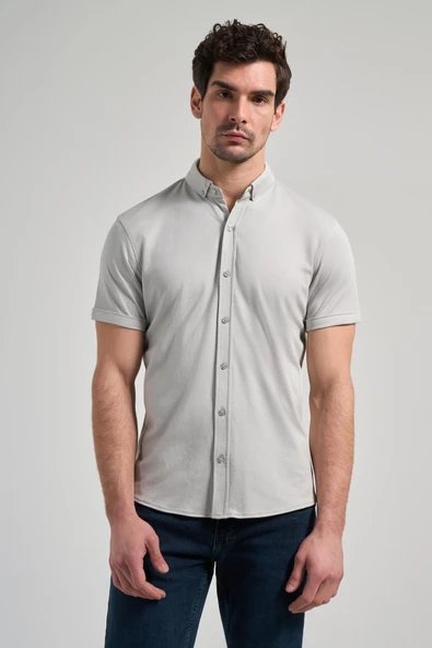 Gri Uzun Kol Düz Örme Düğmeli Yaka Cepsiz Pamuklu Classic Slim Fit Gömlek 1004250152 ürün görseli 1