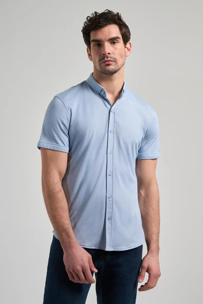 Mavi Uzun Kol Düz Örme Düğmeli Yaka Cepsiz Pamuklu Classic Slim Fit Gömlek 1004250152 ürün görseli 1