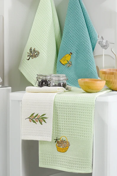 Upstyle 6'lı Nakışlı Kurulama Peçetesi Seti 40x60 cm Zeytin  %100 Pamuk Yumuşak ve Emici ürün görseli 1