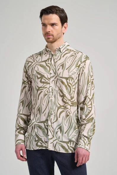 Haki Uzun Kol Baskılı Düğmeli Yaka Cepsiz Casual Slim Fit Gömlek 1004250138 ürün görseli 1