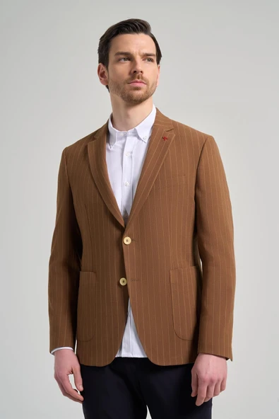 Camel Çizgili Desen Gofreli Mono Yaka Malzemesiz Esnek 6 Drop Slim Fit Ceket 1002250122 ürün görseli 1