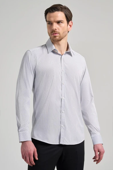 Beyaz Uzun Kol Desen Yarım İtalyan Yaka Cepsiz esnek Classic Slim Fit Gömlek 1004245218 ürün görseli 1