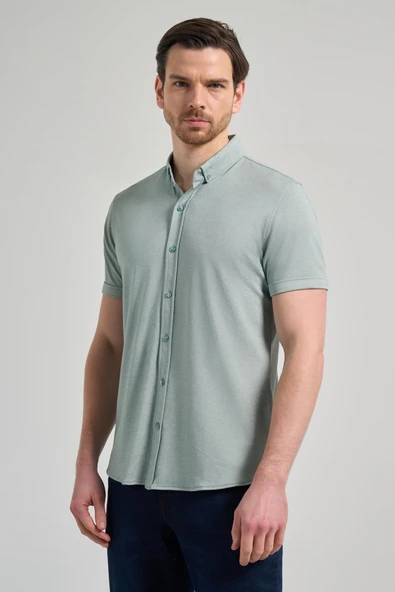 Yeşil Kısa Kol Düz Örme Düğmeli Yaka Pamuklu Slim Fit Gömlek 1004250152 ürün görseli 1