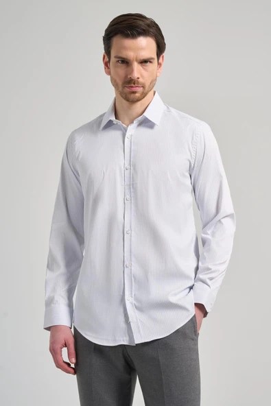 Beyaz Uzun Kol Desen Yarım İtalyan Yaka Cepsiz esnek Classic Slim Fit Gömlek 1004245217 ürün görseli 1