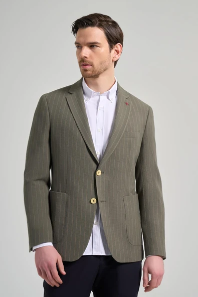 Haki Çizgili Desen Gofreli Mono Yaka Malzemesiz Esnek 6 Drop Slim Fit Ceket 1002250122 ürün görseli 1