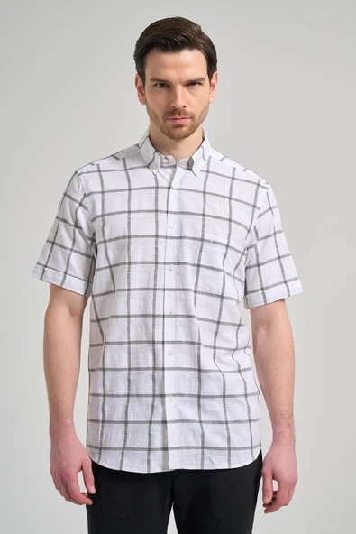 Beyaz Kol Ekose Desen Armürlü Düğmeli Yaka cepli Pamuklu Classic Comfort Fit Gömlek 1004250166 ürün görseli 1
