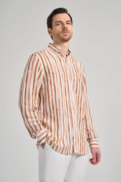 Kahverengi Kol Baskılı Bez Ayağı Düğmeli Yaka Cepsiz Keten Karışımlı Casual Comfort Fit Gömlek 1004250139 ürün görseli 1
