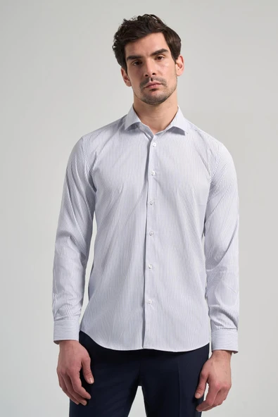 Beyaz Kol Çizgili Desen Bez Ayağı İtalyan Yaka Cepsiz Esnek Classic Slim Fit Gömlek 1004250201 ürün görseli 1
