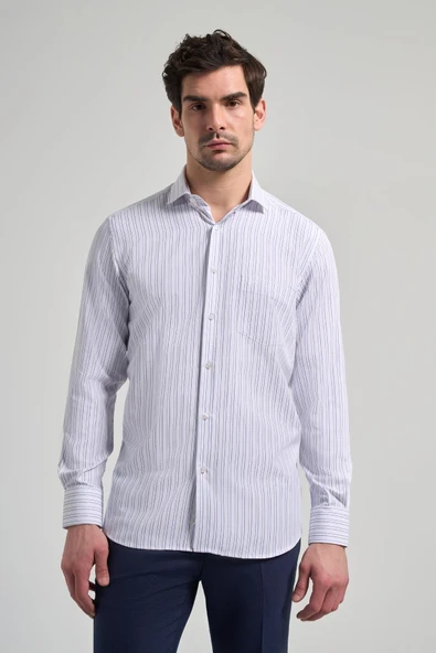 Beyaz Kol Çizgili Desen Bez Ayağı İtalyan Yaka cepli Pamuklu Classic Comfort Fit Gömlek 1004250182 ürün görseli 1