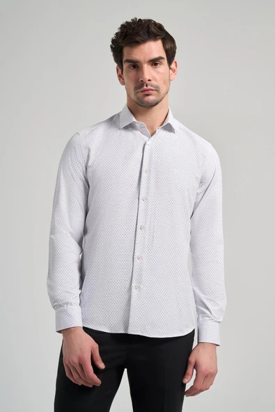 Siyah Uzun Kol Desenli Armürlü İtalyan Yaka Cepsiz Pamuklu Classic Slim Fit Gömlek 1004250196 ürün görseli 1