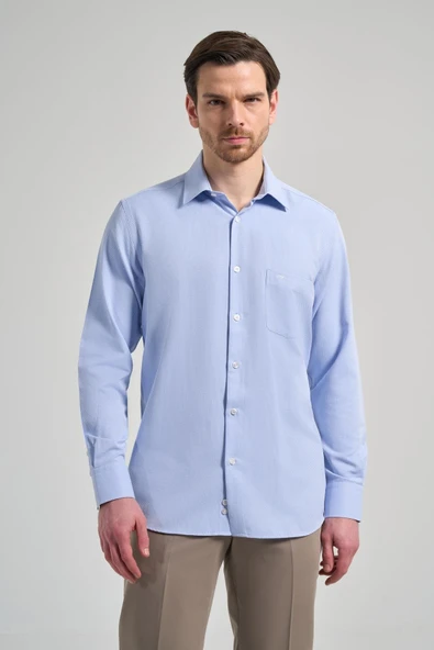 Mavi Kol Desenli Armürlü Sert Yaka cepli Pamuklu Classic Comfort Fit Gömlek 1004250171 ürün görseli 1