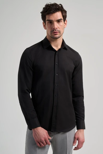 Siyah Sert Yaka Düz Classic Pamuklu Slim Fit Gömlek 1004250214 ürün görseli 1