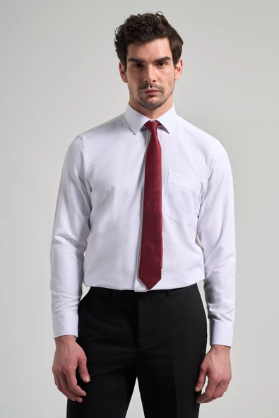 Beyaz Sert Yaka Düz Classic Pamuklu Comfort Fit Gömlek 1004250213 ürün görseli 1