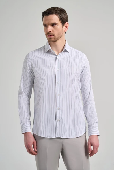 Beyaz Kol Çizgili Desen Bez Ayağı İtalyan Yaka Cepsiz Pamuklu Classic Slim Fit Gömlek 1004250181 ürün görseli 1