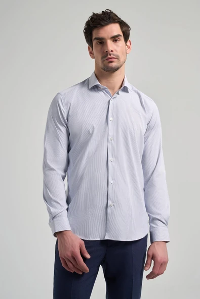 Beyaz Kol Çizgili Desen Bez Ayağı Sert Yaka Cepsiz Esnek Classic Slim Fit Gömlek 1004250158 ürün görseli 1