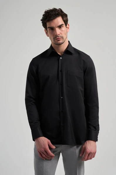 Siyah Kol Desenli Armürlü Sert Yaka cepli Pamuklu Classic Comfort Fit Gömlek 1004250171 ürün görseli 1