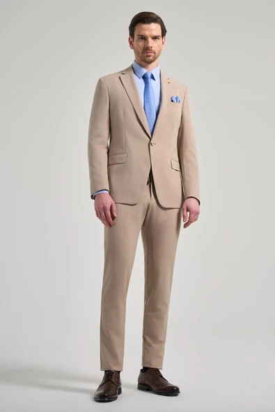 Bej Mono Yaka Beli Lastikli 6 Drop Slim Fit Tam Astar Esnek Takım Elbise 1001250155 ürün görseli 1