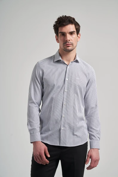 Beyaz Kol Çizgili Desen Bez Ayağı İtalyan Yaka Cepsiz Pamuklu Classic Slim Fit Gömlek 1004250180 ürün görseli 1