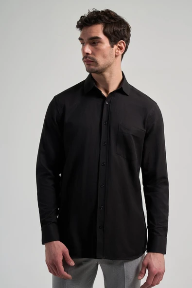 Siyah Sert Yaka Düz Classic Pamuklu Comfort Fit Gömlek 1004250213 ürün görseli 1