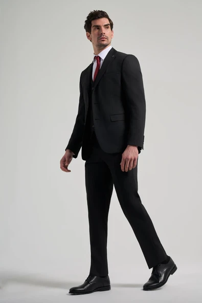 Siyah Kırlangıç Yaka Yelekli 6 Drop Slim Fit Tam Astar Esnek Takım Elbise 1001250156 ürün görseli 1